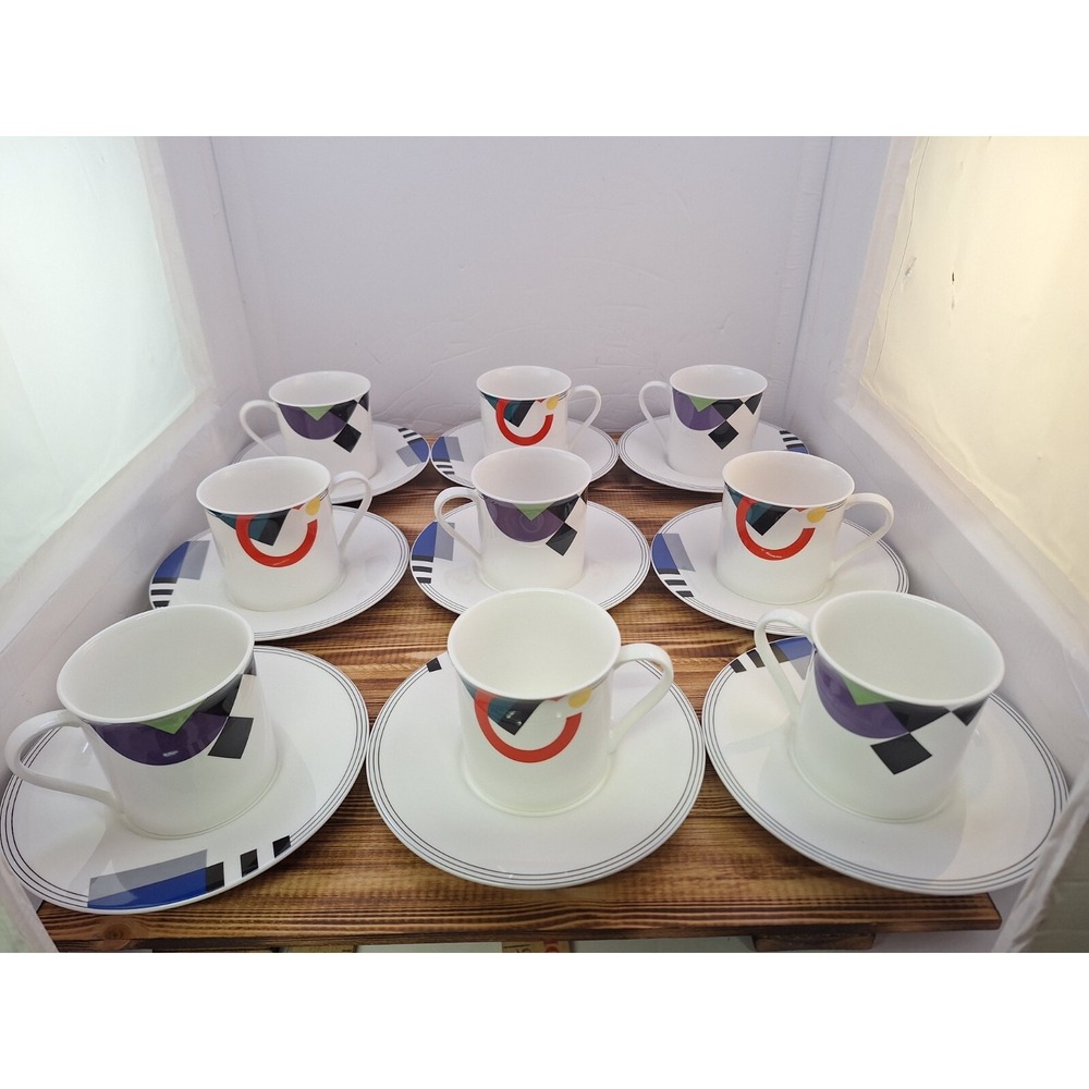 Set of 9 Mikasa Maxima High Spirits Cups & Saucers 18 Piece Set Used Slight Wear